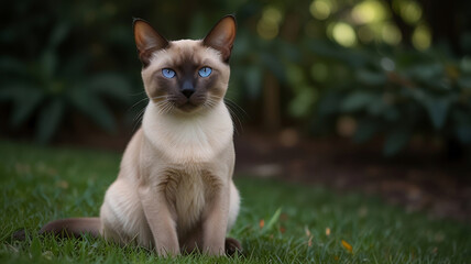 Tonkinese cat sitting outside on the grass looking forward