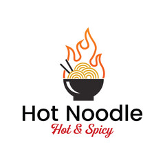 Vector spicy noodles in a bowl with chopsticks, chili peppers and hot fire. White background
