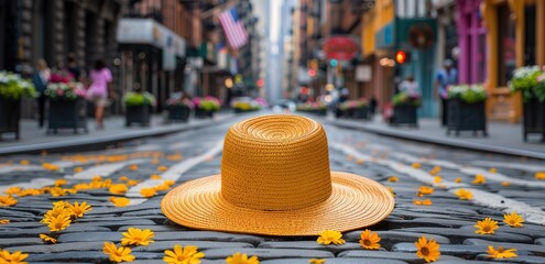 yellow hat on the road with yellow flowers on the edge