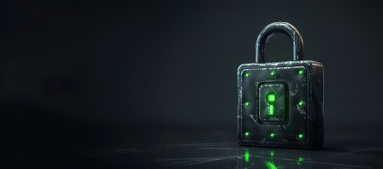 Black padlock with green light with black background