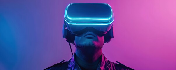 A man using a VR device facing up with a purple background