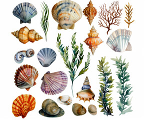 Obraz premium Nautical watercolor sublimation clipart: sea weed, sea stones, sea shells, corals. AI generative.