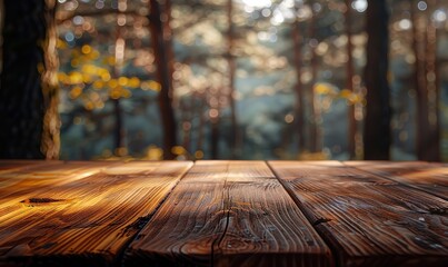 Vintage wooden table with forest background 