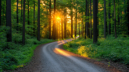 Fototapeta premium tranquil pathway stretches endlessly, bathed in warm, golden sunlight. This serene road symbolizes the journey of life, hope, and infinite possibilities, leading towards an unknown but promising futur