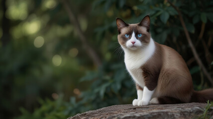 Snowshoe cat sitting on a rock 