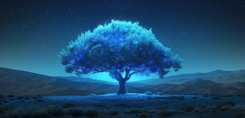 Blue Fantacy Tree in Grassland with Night Sky Background Filled with Stars
