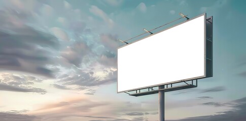 A large white billboard with a sunset sky background