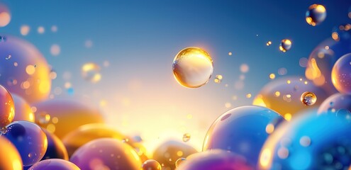 Bubbles with pink, yellow, and blue colors against the background of the morning sky  