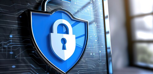 Blue padlock symbol walled with blurr background