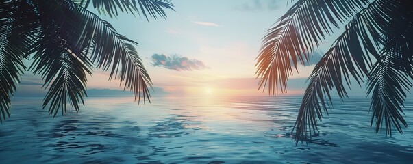 beach at sunset with calm water with coconut trees beside it