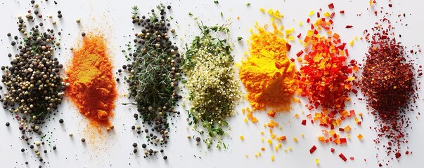 Rows of colorful spices and powders lined up neatly with a white background 