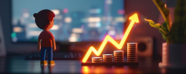 Miniature child looking at a pile of coins and a neon arrow chart upwards with blurred background