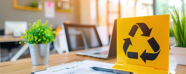 A recycling symbol with a yellow board inside an empty office