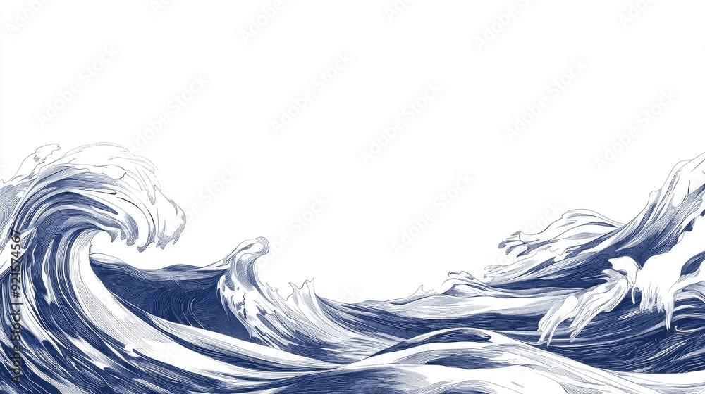 Fototapete artistic abstract line art of waves crashing, with an empty background area perfect for text