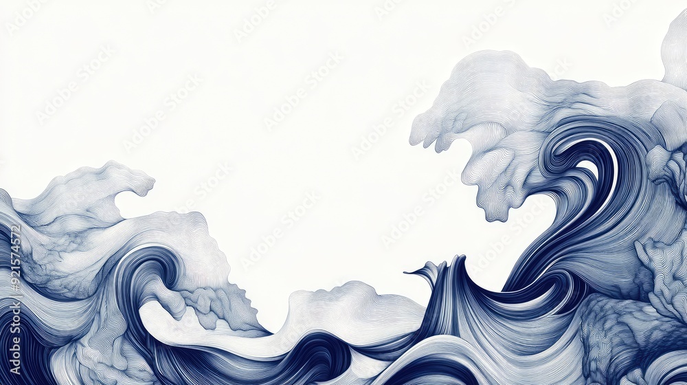 Fototapete artistic abstract line art of waves crashing, with an empty background area perfect for text