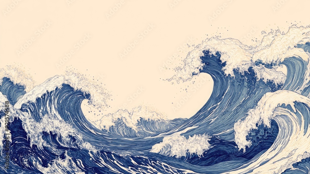 Fototapete artistic abstract line art of waves crashing, with an empty background area perfect for text