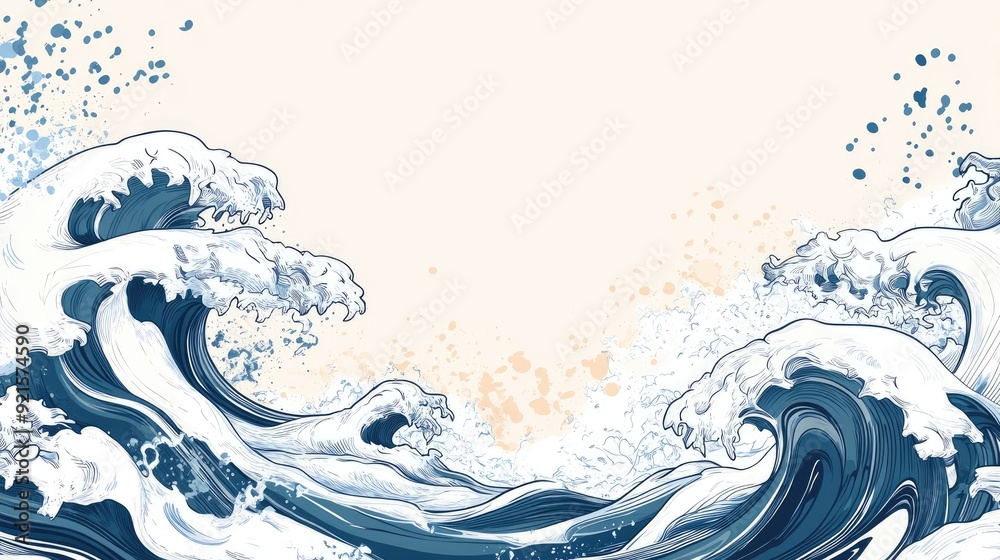 Fototapete artistic abstract line art of waves crashing, with an empty background area perfect for text