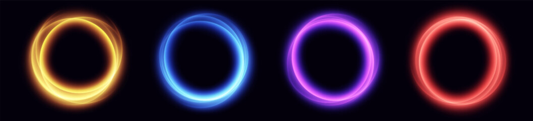 Glowing round frames, magic borders, abstract circular shiny portals, vector light effects. Rings in motion.