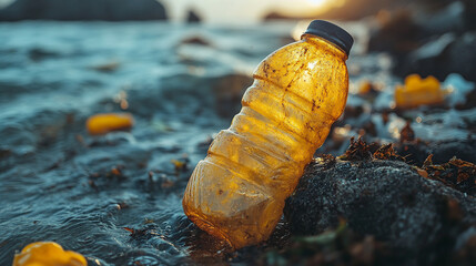 polluted ocean with plastic debris floating under sunlight, highlighting environmental degradation. The image conveys the impact of human activity on marine ecosystems and the urgent need for conserva