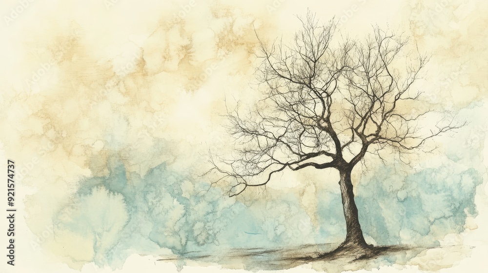 Wall mural artistic abstract line drawing of a tree, with a muted watercolor background suitable for text addit