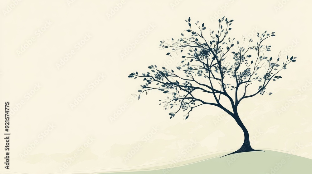 Wall mural artistic abstract line drawing of a tree with leaves, with a clean background that includes space fo