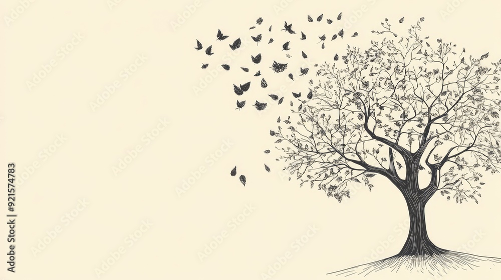 Wall mural artistic abstract line drawing of a tree with leaves, with a clean background that includes space fo