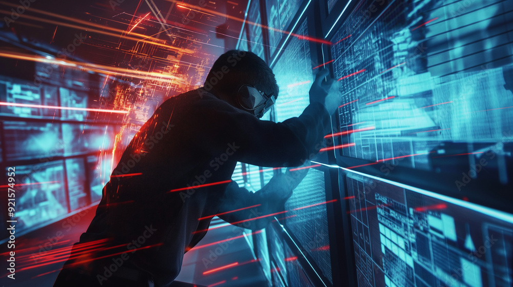 Poster a dynamic scene showing a cyber attacker attempting to breach a network while cybersecurity professi