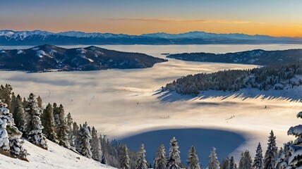  snowy mountain lake with a sandy beach and trees