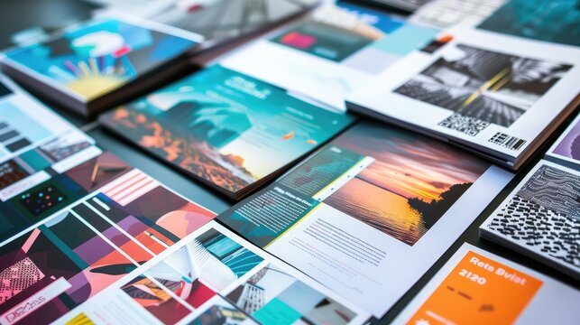 A collection of printed brochures, flyers, and business cards. 