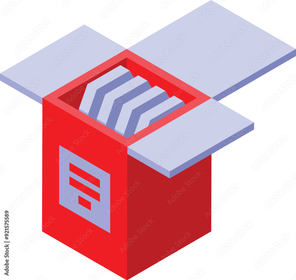 Poster isometric vector illustration of an open red cardboard box containing server processors for computer