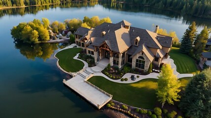Naklejka premium aerial view of a large house on a small island in a lake,