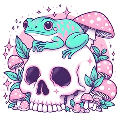 Frog on Skull with Mushrooms and Stars
