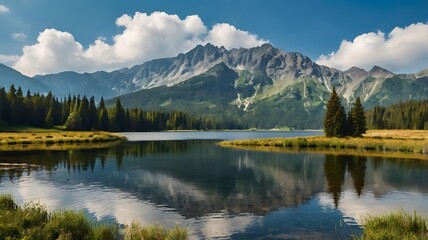 Fototapeta premium picturesque mountain lake with snow-capped peaks