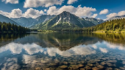 picturesque mountain lake with snow-capped peaks