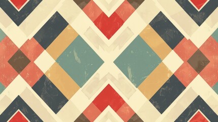 Geometric pattern with diagonal, red, blue, brown, and yellow squares and rectangles with a vintage effect.
