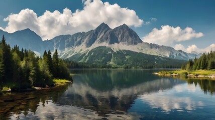 Naklejka premium picturesque mountain lake with snow-capped peaks