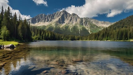 picturesque mountain lake with snow-capped peaks
