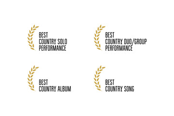 Music award logo vector set: country song, album, solo or duo performance of the year. Golden badge collection with wreaths for winner