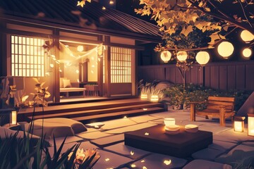 Fototapeta premium A calm backyard gathering with soft lighting and a comfortable setting. Cozy vibe, Generative AI