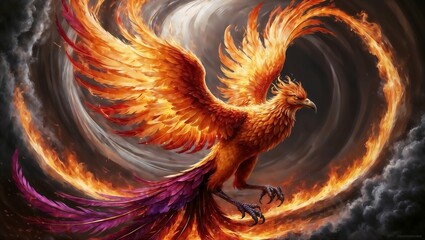 Fiery phoenix soaring with vibrant flames in a mystical swirl.