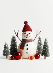 Fototapeta premium Snowman with mini Christmas trees shape and gift 