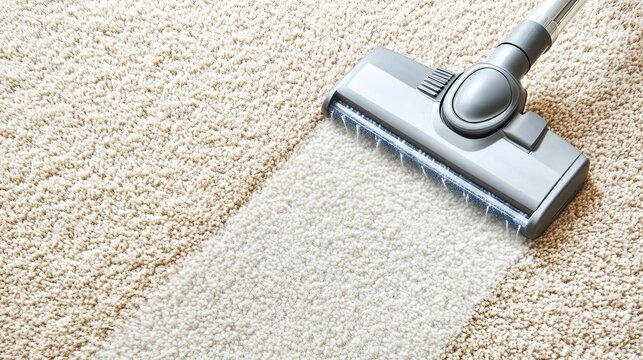 semi close-up of an industrial vacuum cleaner head on a carpet, showing deep cleaning action, clear suction lines visible on the carpet, professional cleaning equipment, copy space for text,