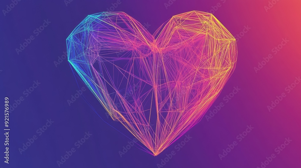 Fototapete bold abstract line drawing of a geometric heart, with a vibrant gradient background perfect for text