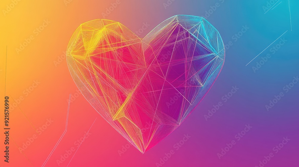 Fototapete bold abstract line drawing of a geometric heart, with a vibrant gradient background perfect for text