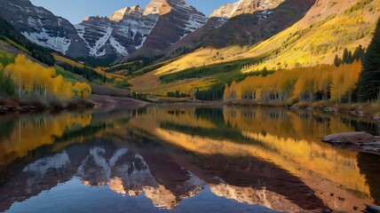 Fototapeta premium image shows a still lake with snow-capped mountains 
