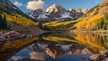 Naklejka premium image shows a still lake with snow-capped mountains 