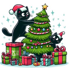 Obraz premium Cute Black Cats Decorating a Christmas Tree