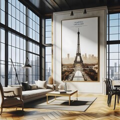 Modern Loft Interior with Eiffel Tower Poster
