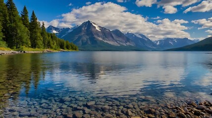 serene lake with clear blue water and a rocky shoreline