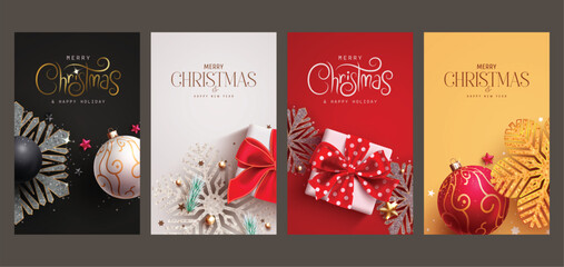 Christmas greetings card vector poster set design. Merry christmas and happy holidays greeting text with shiny glitter snowflakes, xmas balls and gift box decoration elements. Vector illustration © Zeinous